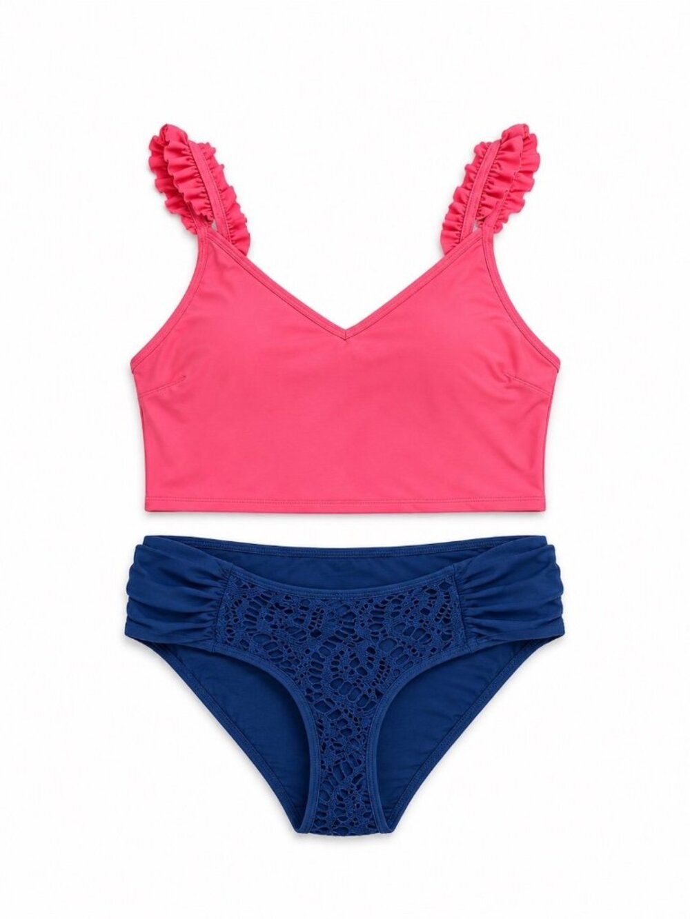 Aerie Ruffle Longline Scoop Bikini Top Large Navy Crochet Bikini Bottom Medium
